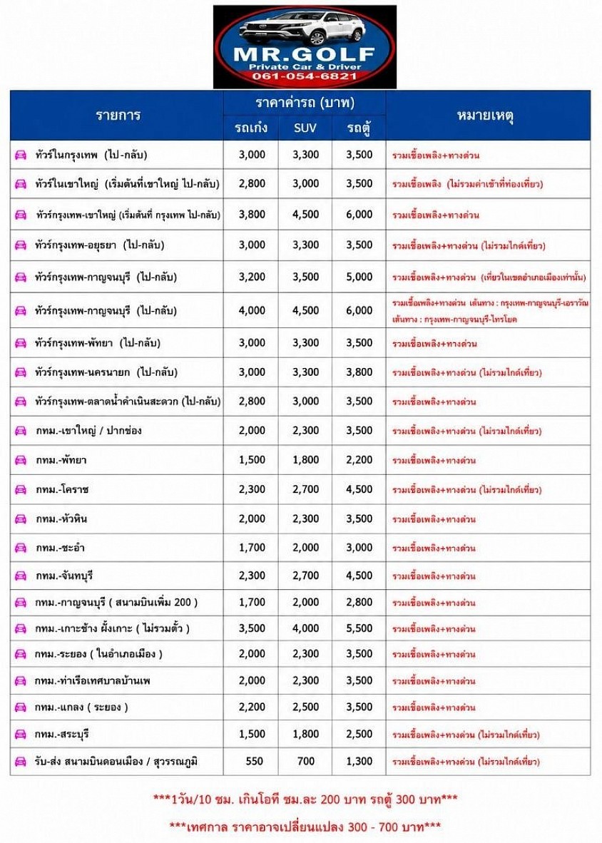 ราคา เหมารถพร้อมคนขับ เต็มวันและแบบวันเวย์เที่ยวเดียว